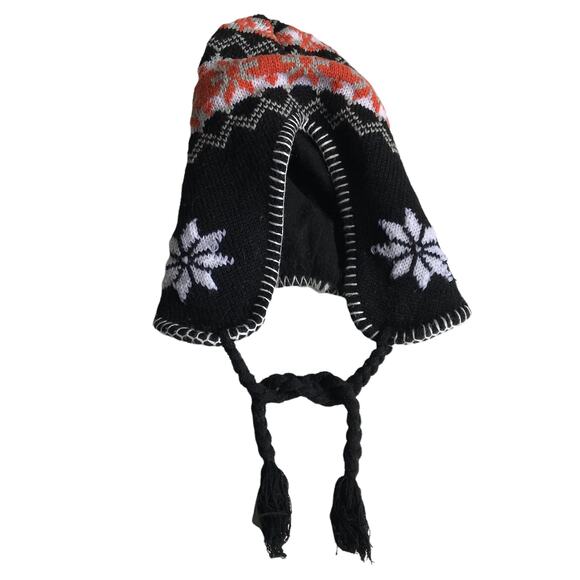 Knit Hat with Ear Flaps Intarsia Chunky Tie Neck Winter Cap Apres Ski Snowboard - Picture 2 of 9